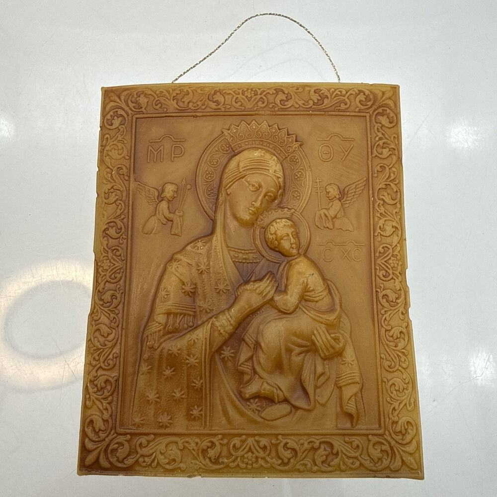 Vtg BYZANTINE MOLDED Gold WAX ICON Christianity Art Plaque Greek MADONNA & JESUS